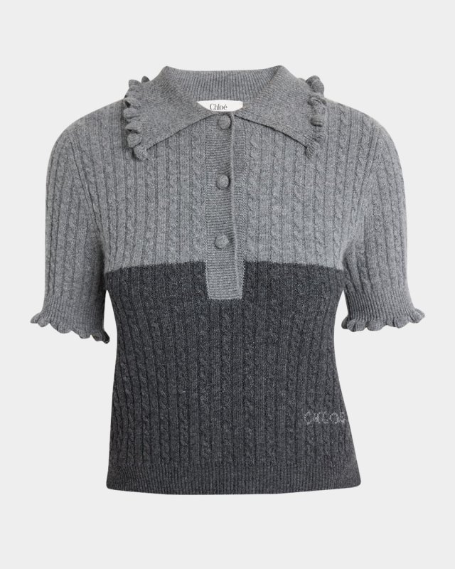 Bicolor Ruffle-Trim Short-Sleeve Polo Sweater
